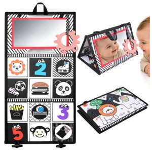eng pl Sensory toy Kruzzel book 19512 20.jpg Smyslová knížka pro kojence – kontrastní obrázky + zrcátko + kousátko (0+)