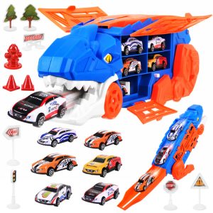 Tovornjak T‑Rex 5‑v‑1 – prikolica + dirkalna proga + izstreljevalnik + shranjevanje + 6 avtkov